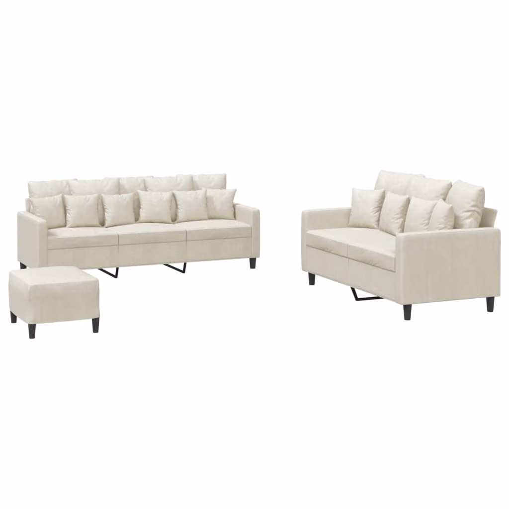 Set di Divani 3 pz con Cuscini Crema in Velluto