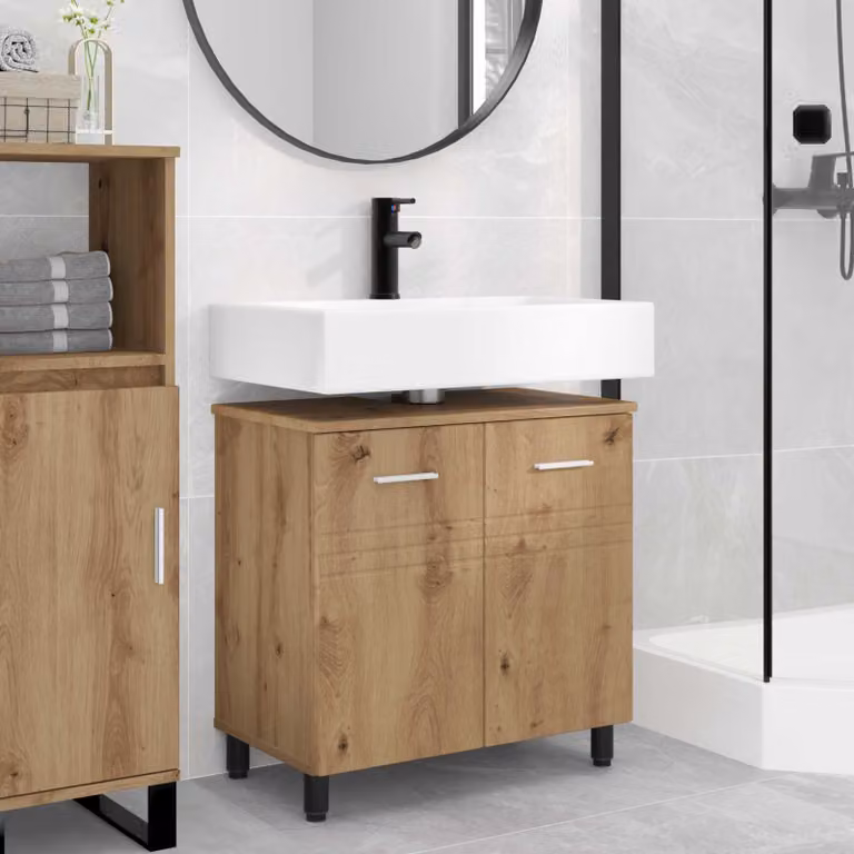 Mobiletto da bagno moderno vidaXL in legno color rovere marrone con ante a battente e ripiani interni L/P/H: 60 x 35 x 60 cm