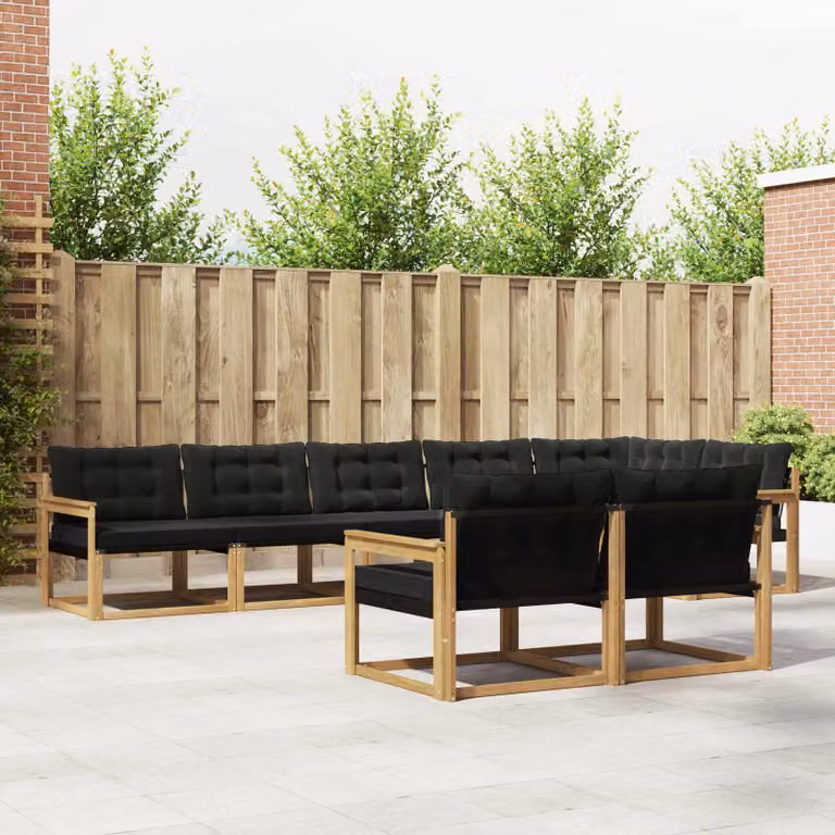 Set di divani da esterno vidaXL a forma di U composto da 8 pezzi in legno di acacia e textilene, colori bianco, nero e marrone, con cuscini inclusi