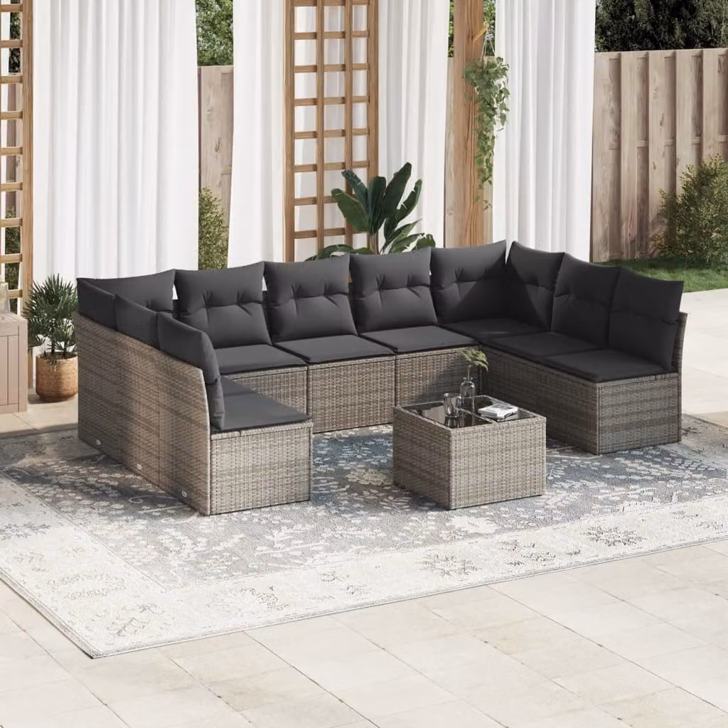 vidaXL Set Divano da Giardino 10 pz a Forma a L con Cuscini Grigio in Polyrattan e Tavolino da Esterno