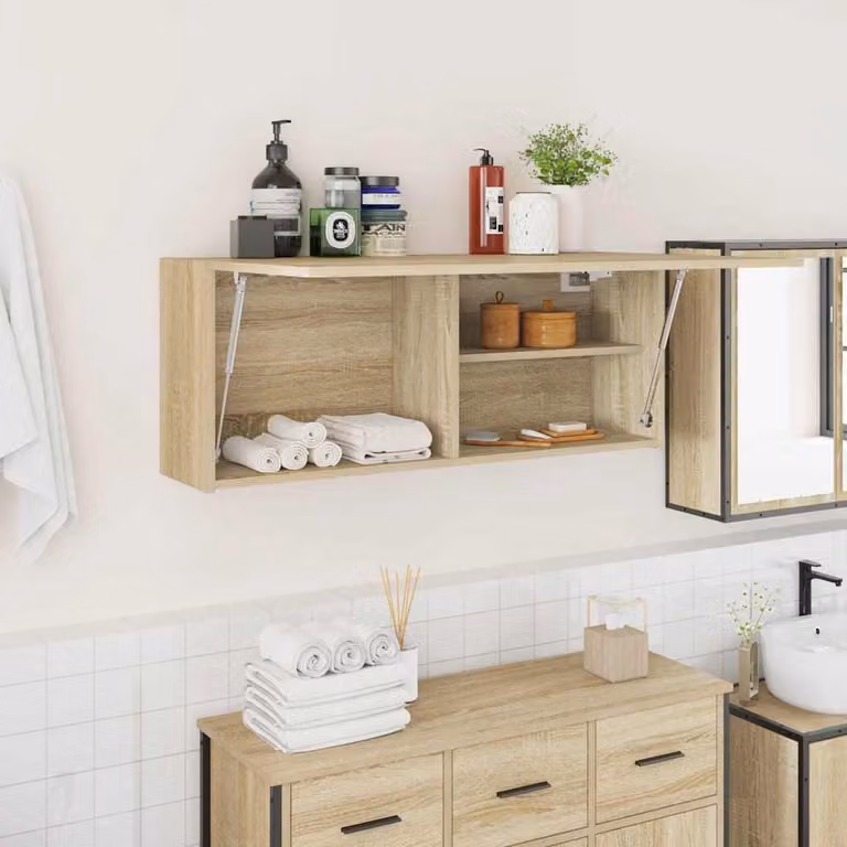 Mobile da bagno vidaXL in legno Rovere Sonoma marrone con ante a cerniera e ripiani interni, L 100 x P 25 x H 40 cm