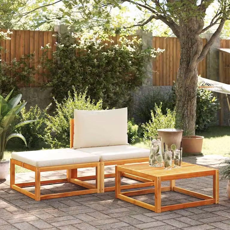 Set di divani da giardino vidaXL in legno di acacia e rattan con cuscini, composto da divano a 2 posti, elemento angolare, pouf e tavolino da caffè, colori marrone, beige e nero