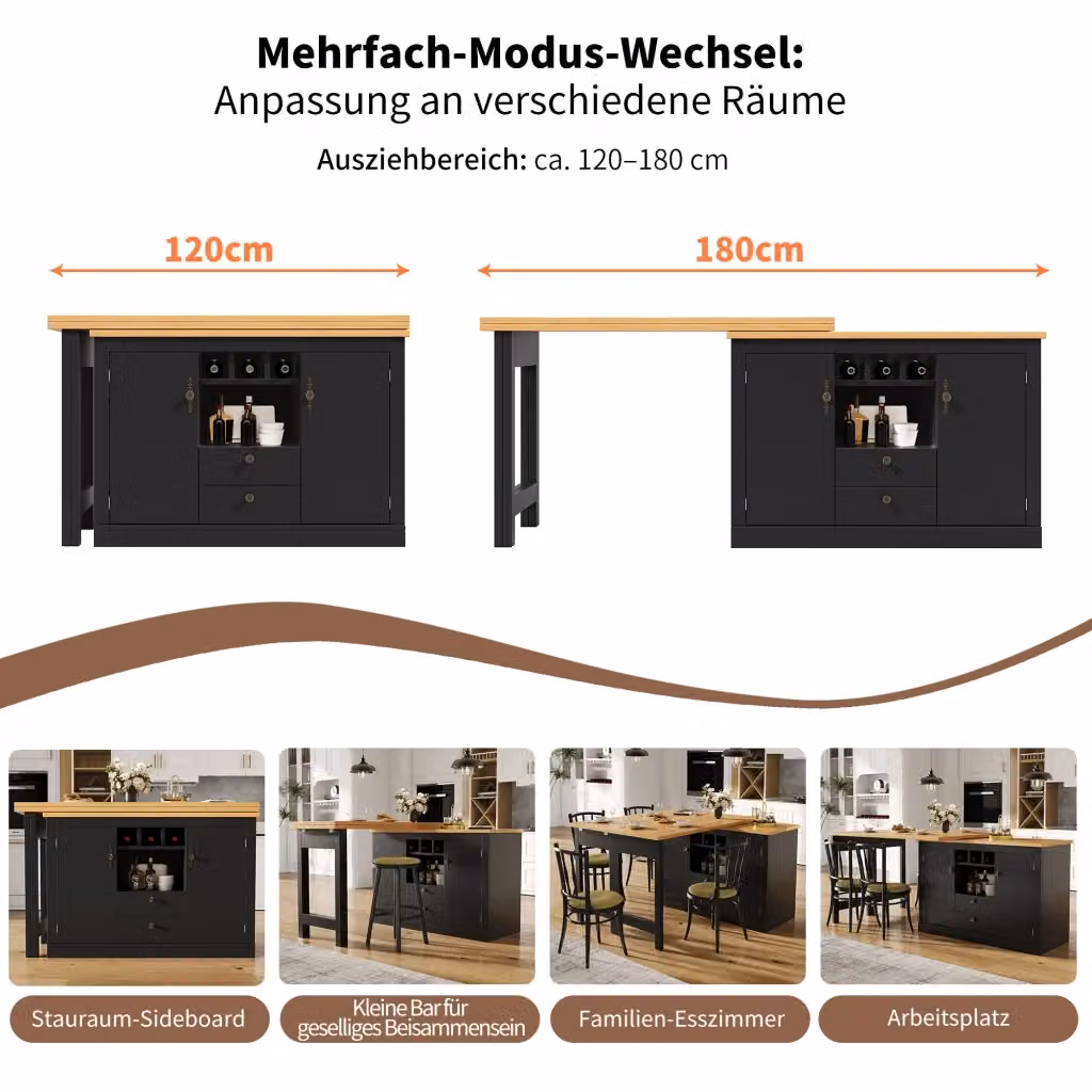 Tavolo Bar Estensibile REDOM con Ripiani e Portabottiglie in MDF e Metallo, Colore Nero e Marrone, L/P/H: 180 x 76 x 100 cm – 2