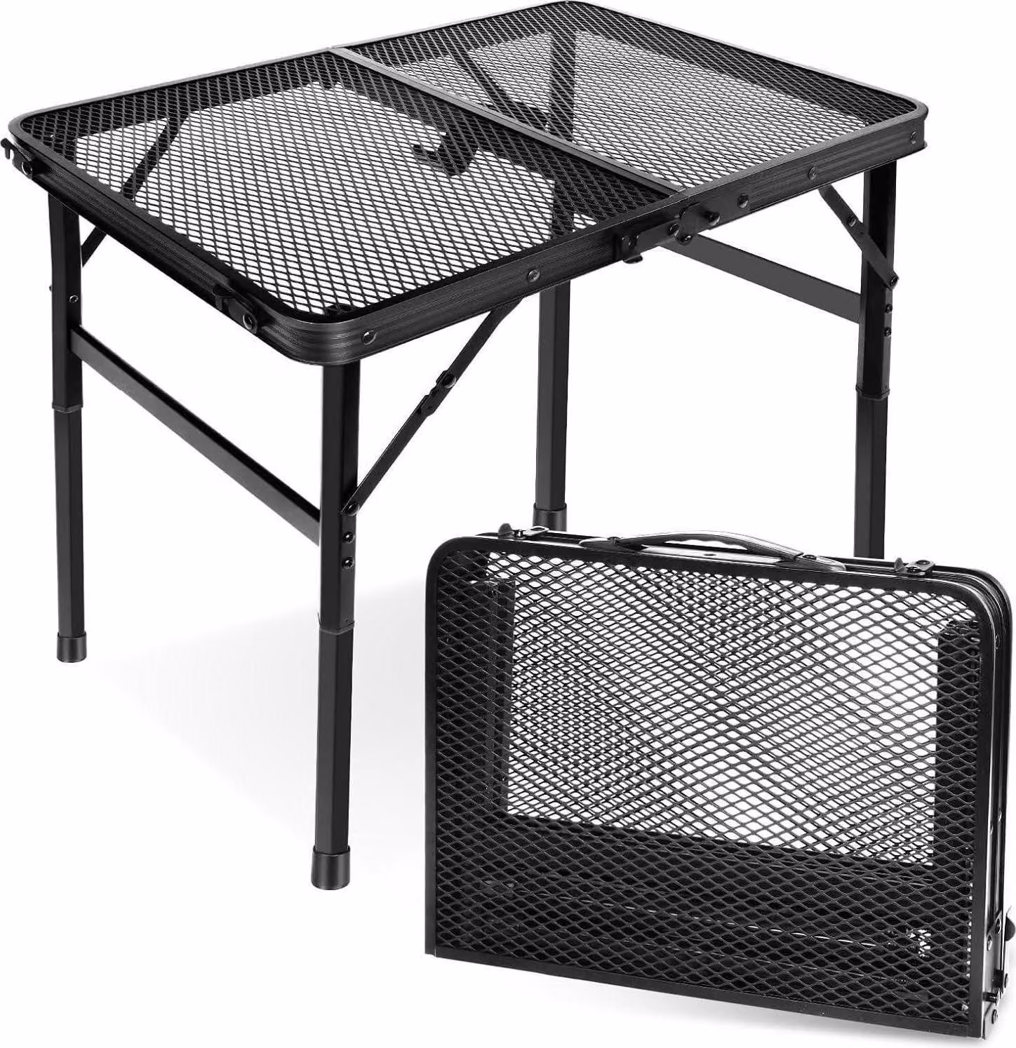 Tavolo da campeggio pieghevole con piano a griglia in metallo - 2 altezze regolabili - Leggero e portatile - 60x40cm - Nero