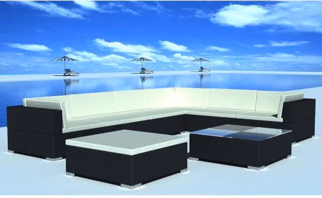 Set da giardino moderno vidaXL in polyrattan nero con 8 pezzi e cuscini bianchi a forma di U