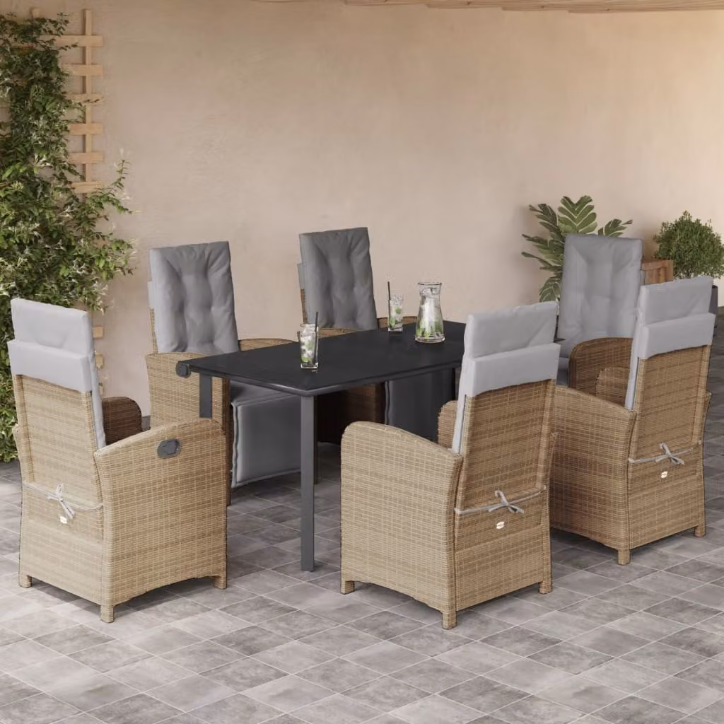 Set da Pranzo da Giardino vidaXL 7 pz in Polyrattan con Cuscini Beige e Tavolo in Vetro – 1