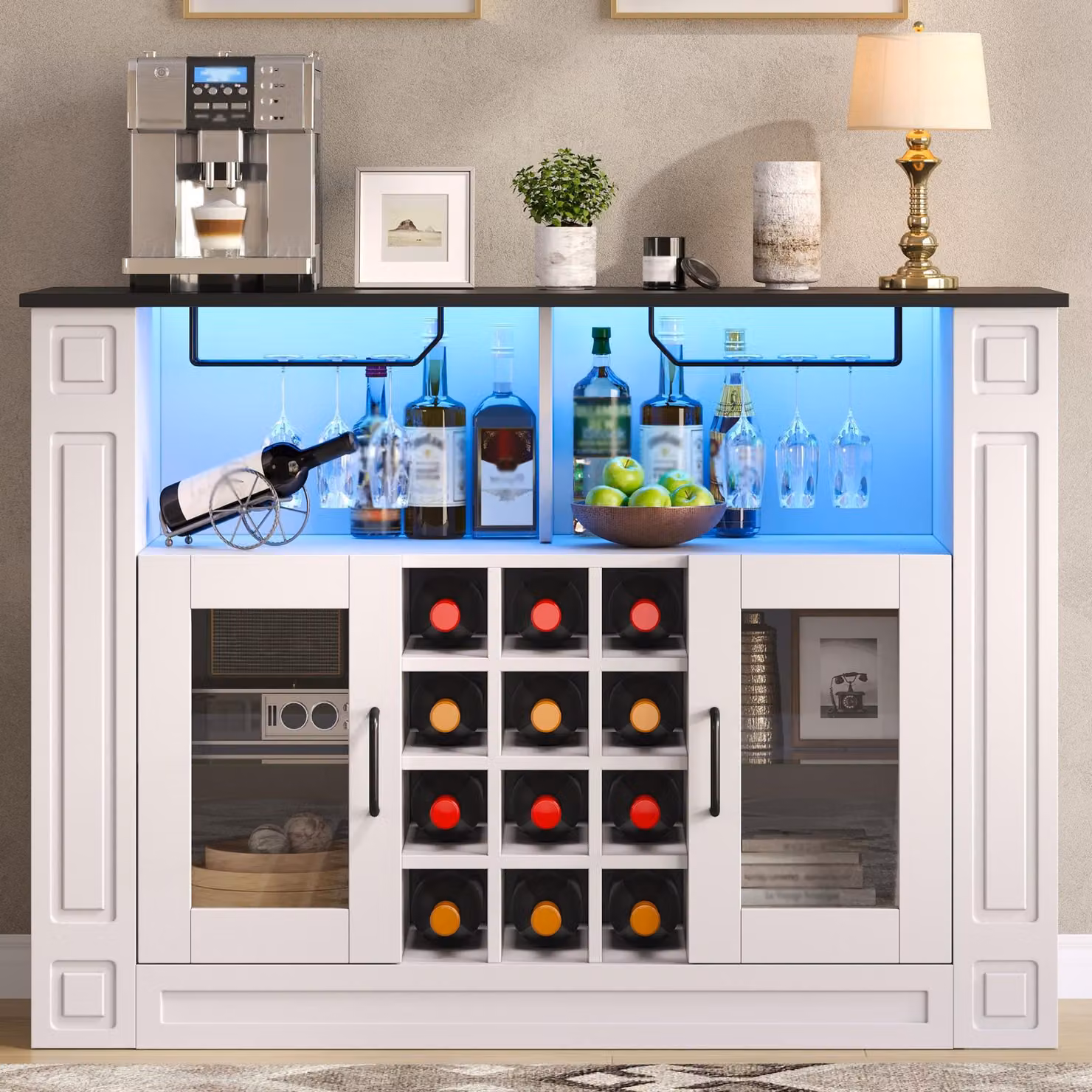 Mobile bar Merax con illuminazione a LED, pensile per caffè con portabicchieri da vino, scaffale per vino, mobile contenitore, mobile bar per cucina e soggiorno, bianco