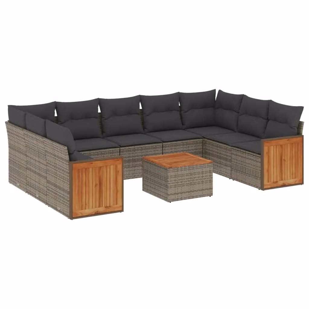 Set Divano da Giardino 10 pz con Cuscini Grigio in Polyrattan