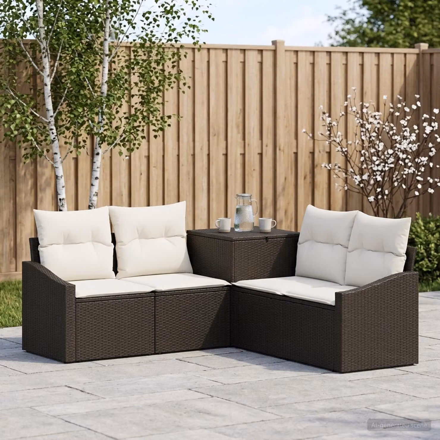 Set di divani da giardino a forma di L vidaXL in polyrattan nero e bianco con cuscini inclusi