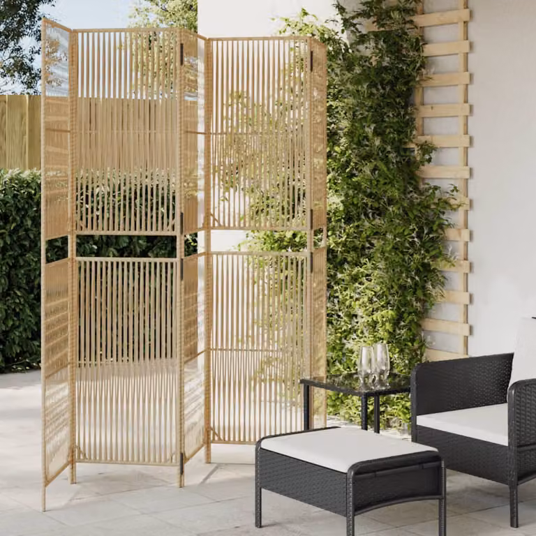 Divisorio per ambienti vidaXL a 5 pannelli in polyrattan e metallo, colore beige, H: 200 cm, L: 245 cm