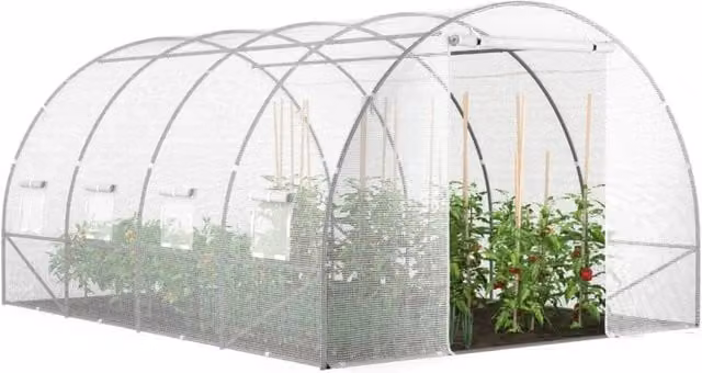 Serra da giardino a tunnel IDMarket in acciaio zincato con telo anti-UV bianco, porta e finestre, L: 4 m, P: 3 m, H: 2 m