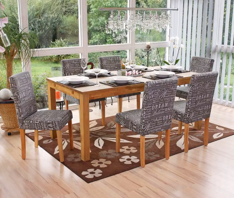 set di 6 sedie per sala da pranzo Sedia da cucina Littau ~ tessuto con scritte, grigio, gambe chiare