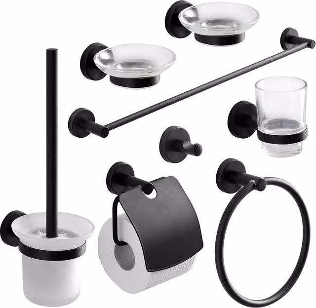 Set di accessori da bagno IPERBRIKO in metallo nero opaco con montaggio a parete – 1