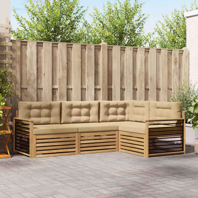 Set di divani da esterno vidaXL a forma di L in legno di acacia con cuscini, Bianco, Beige e Marrone