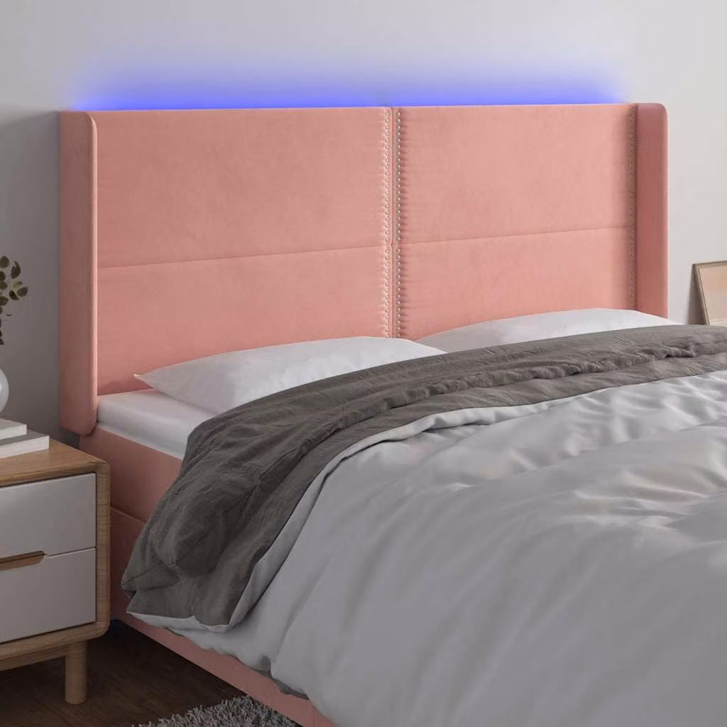 Testiera per letto vidaXL in velluto rosa con illuminazione LED integrata e porta di ricarica USB, L: 203 cm, P: 16 cm, H: 118/128 cm