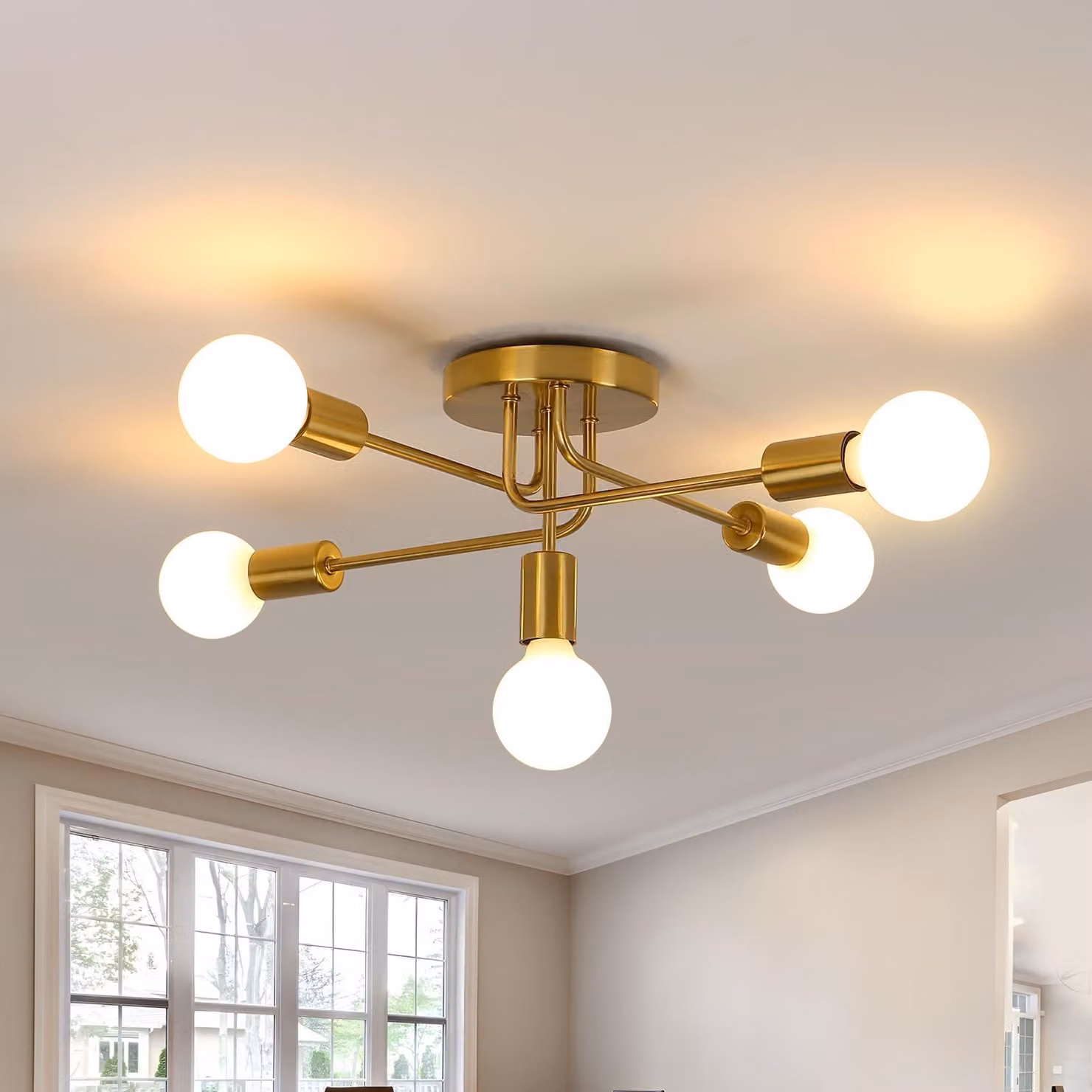 Lampada a soffitto vintage, modello "Comely", con 5 luci, attacco E27, finitura dorata