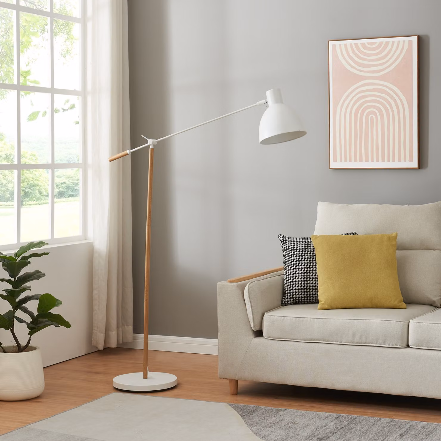 Lampada da terra "Banchory" a 1 luce, regolabile tramite interruttore a pedale, in metallo, 163 cm, effetto legno / bianco