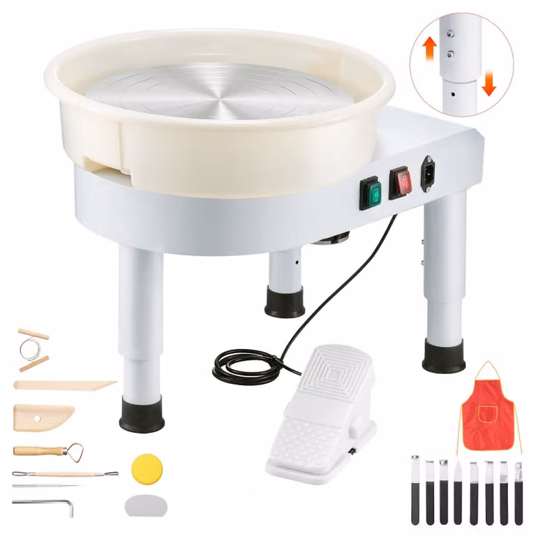 Tornio per Vetroceramica elettrico - Tornio per Vetroceramica da 450 W - Piatto girevole da 35 cm - Controllo della velocità da 60 a 300 giri/min con pedale - Vasca removibile - Supporto regolabile in altezza - Bianco