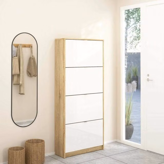 Scarpiera Epidoto DMORA, Armadio da ingresso e mobile porta scarpe moderno in Quercia e Bianco lucido, L: 70 cm, P: 24 cm, H: 162 cm