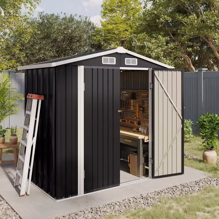 Capanno da giardino, dimensioni 1,8 x 1,2 metri, in metallo, colore nero, con serratura, resistente alle intemperie