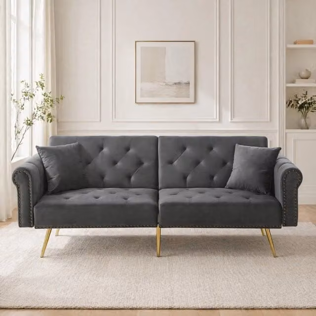 Divano letto 2 posti ULEVR 173x75x70 cm con schienali regolabili in 3 posizioni, velluto grigio antico e piedi dorati