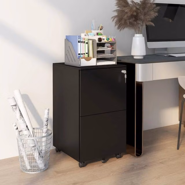 Cassettiera mobile Minimal con 2 cassetti in acciaio nero con ruote per ufficio L/P/H: 37 x 43.5 x 67.5 cm – 1