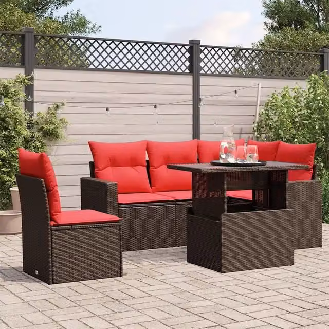 Set da giardino vidaXL composto da 6 pezzi con cuscini marroni in rattan e struttura in metallo per esterno – 1