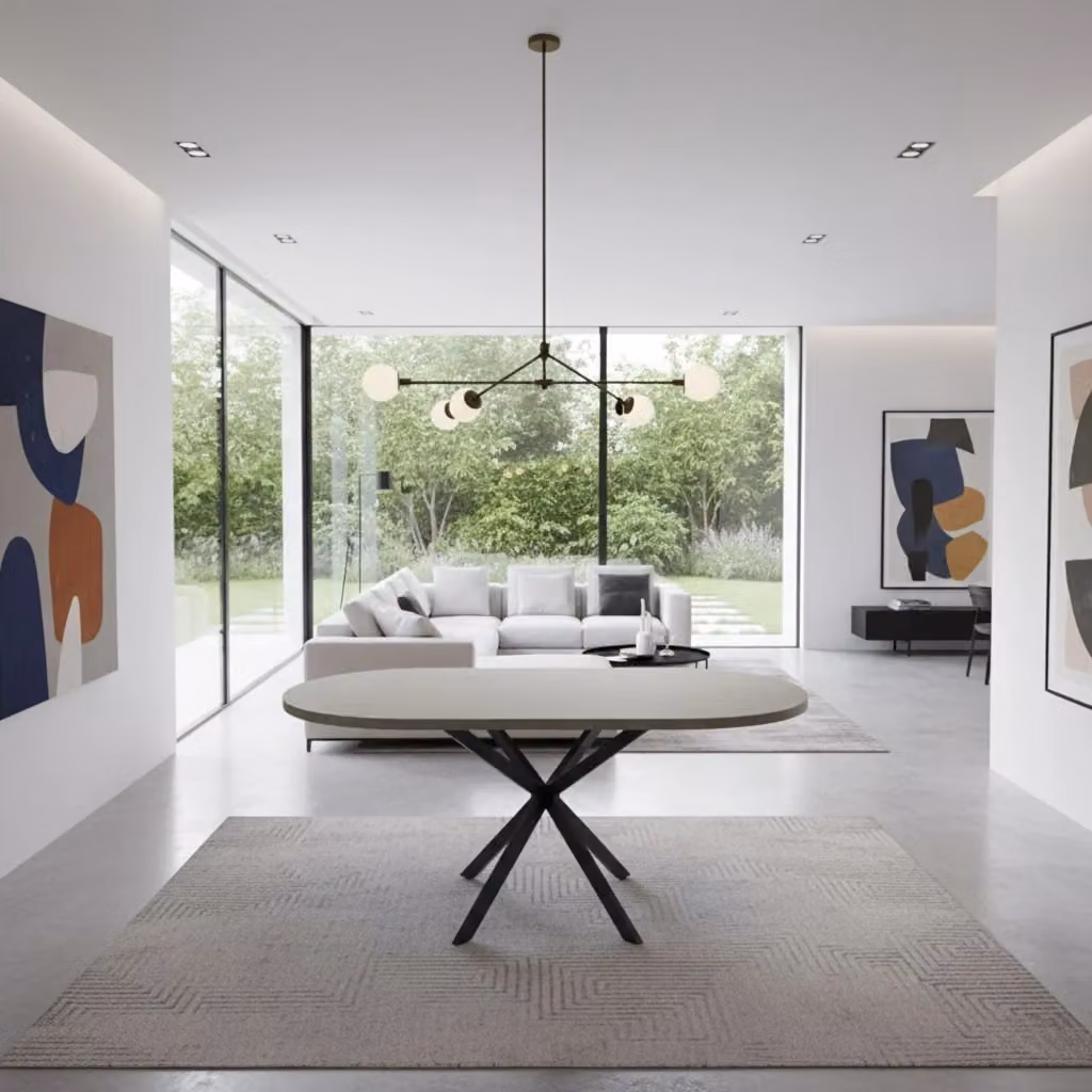 Tavolo da pranzo ovale moderno Frankystar in laminato MDF con base a colonna centrale, disponibile nei colori nero e beige – 2