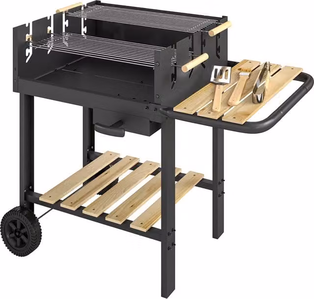 Carrello barbecue Outsunny in legno nero con 2 griglie regolabili e ruote per carbone