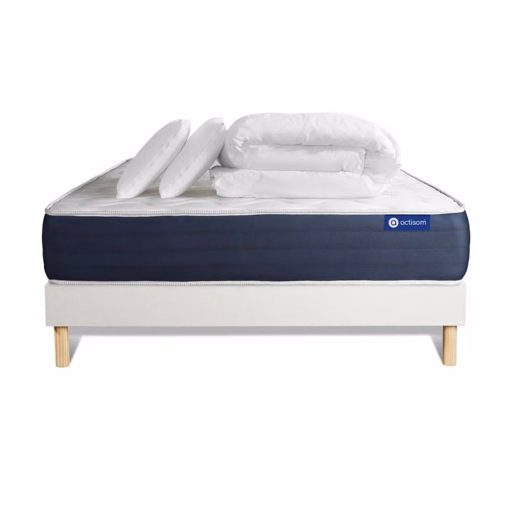 Set letto completo Actiflex Sleep con materasso ibrido a molle pocket, box spring con doghe, 2 cuscini e piumino, colore bianco, L/P/H: 200 x 200 cm – 2