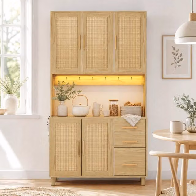 Credenza buffet in stile mid-century con rattan intrecciato e illuminazione LED, colore beige e dettagli oro, realizzata in MDF e metallo, Larghezza: 183 cm
