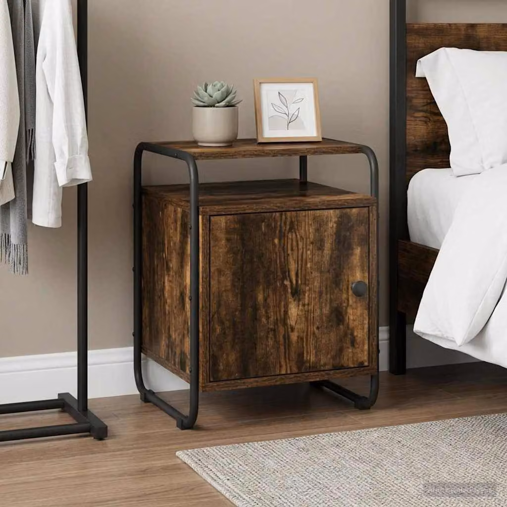 Armadio da notte vidaXL in legno ingegnerizzato e metallo, colore rovere fumo e nero, design moderno