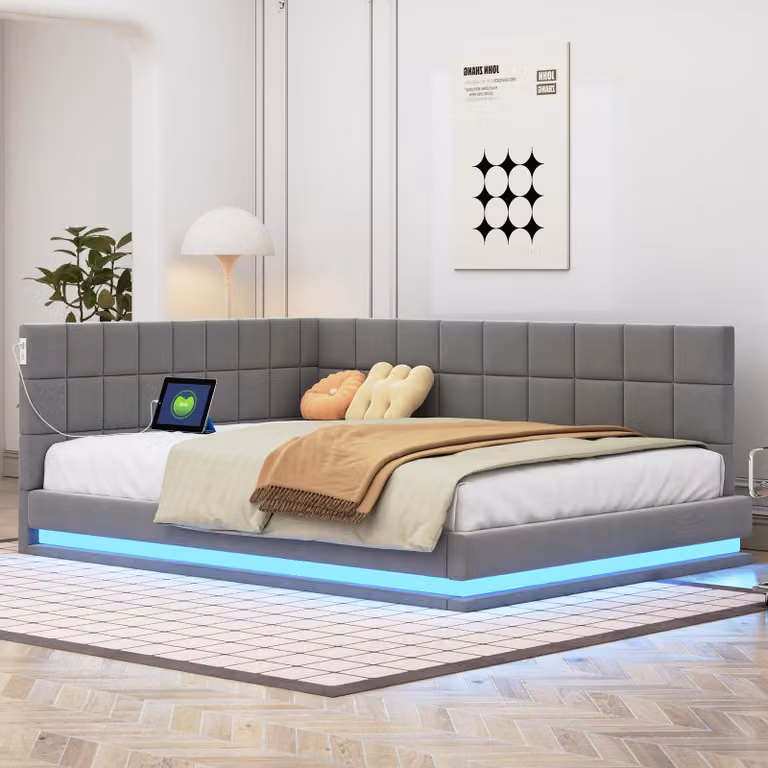 Letto imbottito Sweiko divano letto 140x200 letto multifunzionale con striscia luminosa a LED, presa USB e rete a doghe, tessuto vellutato skin-friendly grigio