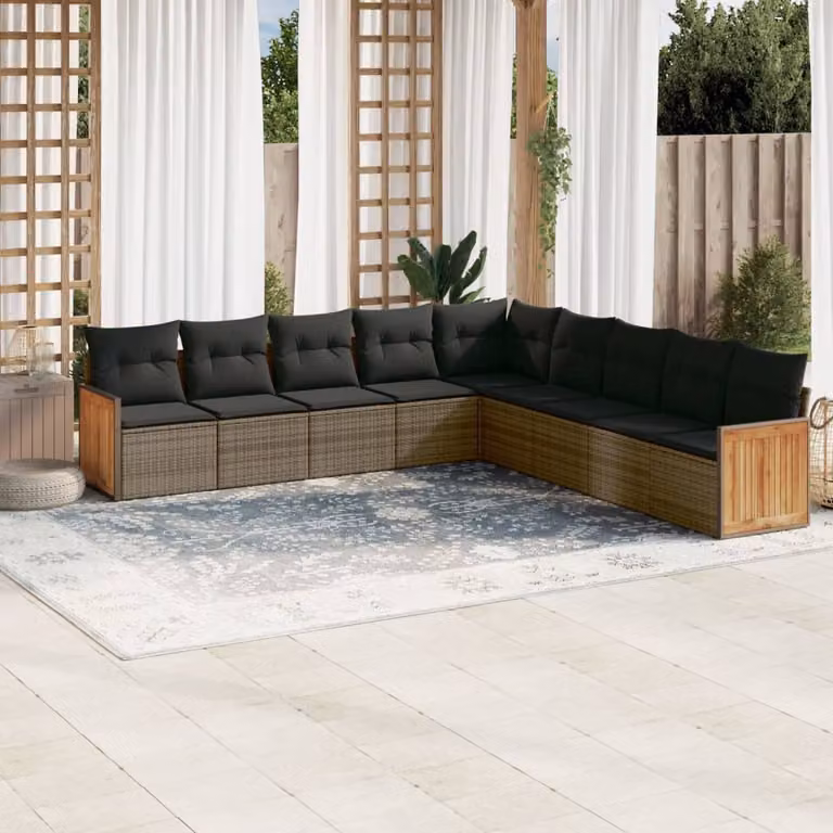 vidaXL Set Divano da Giardino a L 9 pz con Cuscini Grigio in Polyrattan e Legno di Acacia