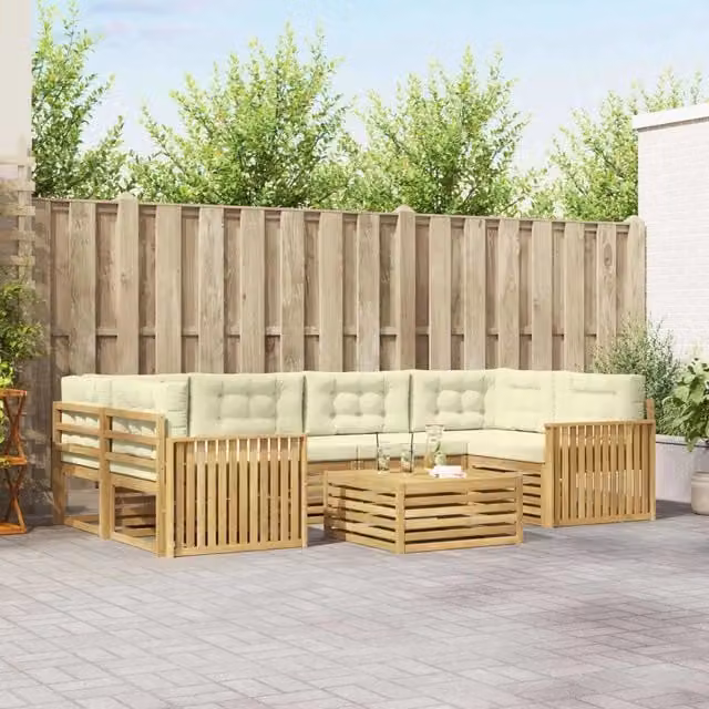 Set di divani da esterno vidaXL in legno di acacia con tavolo da caffè, 7 pezzi, Bianco e Beige – 1