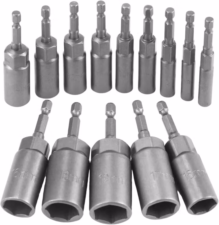 Set di 14 chiavi a bussola e inserti, da 6 a 19 mm, in acciaio cromo-vanadio, compatibile con avvitatori e trapani