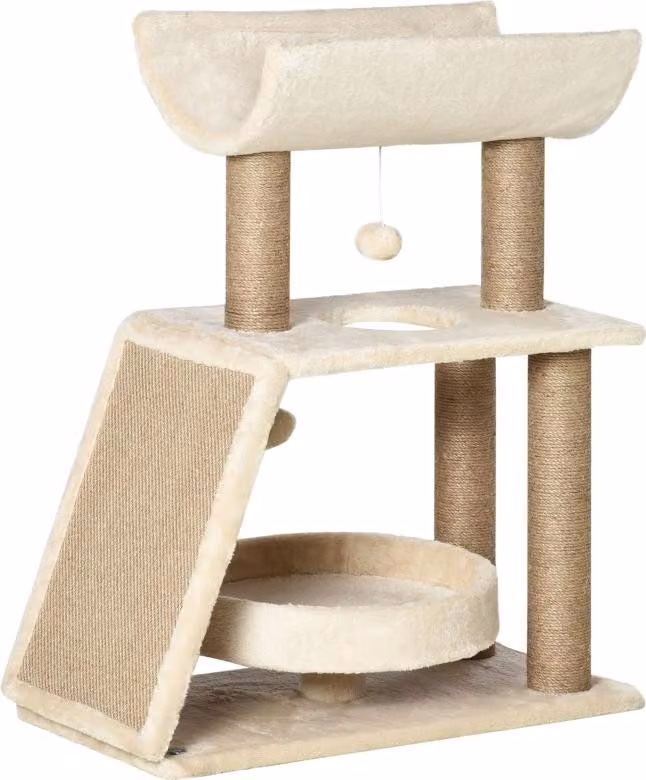 Moonbite, tiragraffi 60 x 30 x 76 cm, torre da gioco con cuccia, piattaforma a forma di U, tappetino in sisal e palline appese, adatto a gatti di peso inferiore a 5 kg, rivestito in peluche, materiali naturali