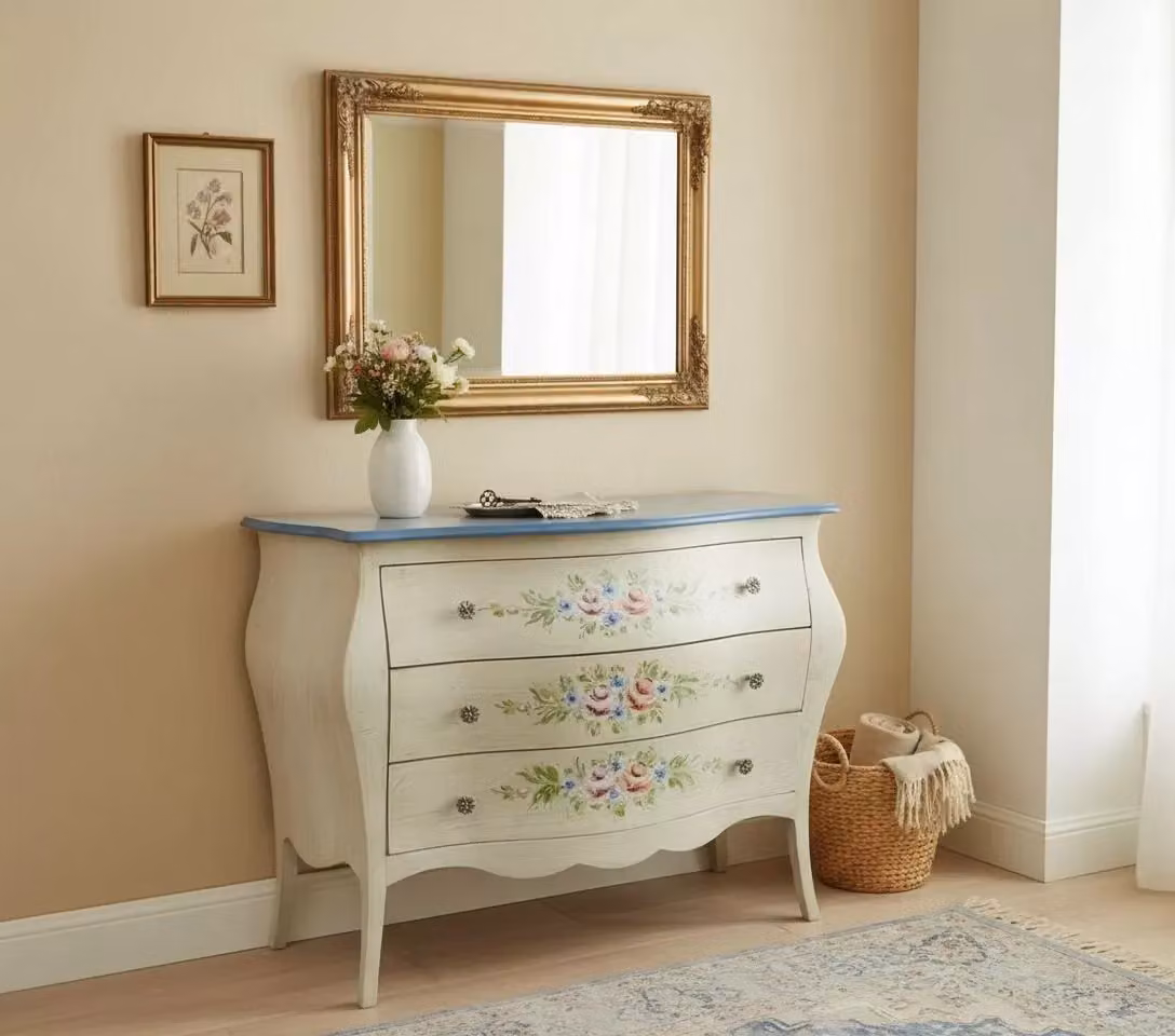 Cassettiera sagomata in legno con 3 cassetti in stile shabby chic con decori floreali Mobili 2G L: 99 cm, P: 41 cm, H: 85 cm – 2