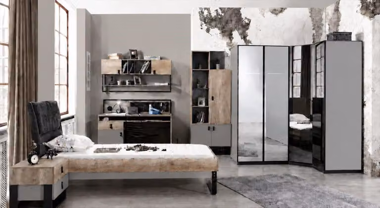 Set completo per camera da letto per ragazzi: letto, mobiletto angolare, scrivania, scaffali, colore marrone