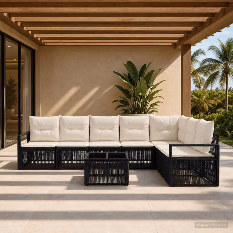 Set Divano da Giardino vidaXL 8 Pezzi Moderno a Forma di L con Tavolino e Cuscini in Polyrattan Nero