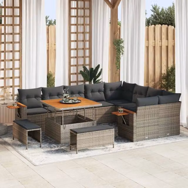 Set Divano da Giardino vidaXL in Polyrattan Grigio con Cuscini e Tavolino da Esterno