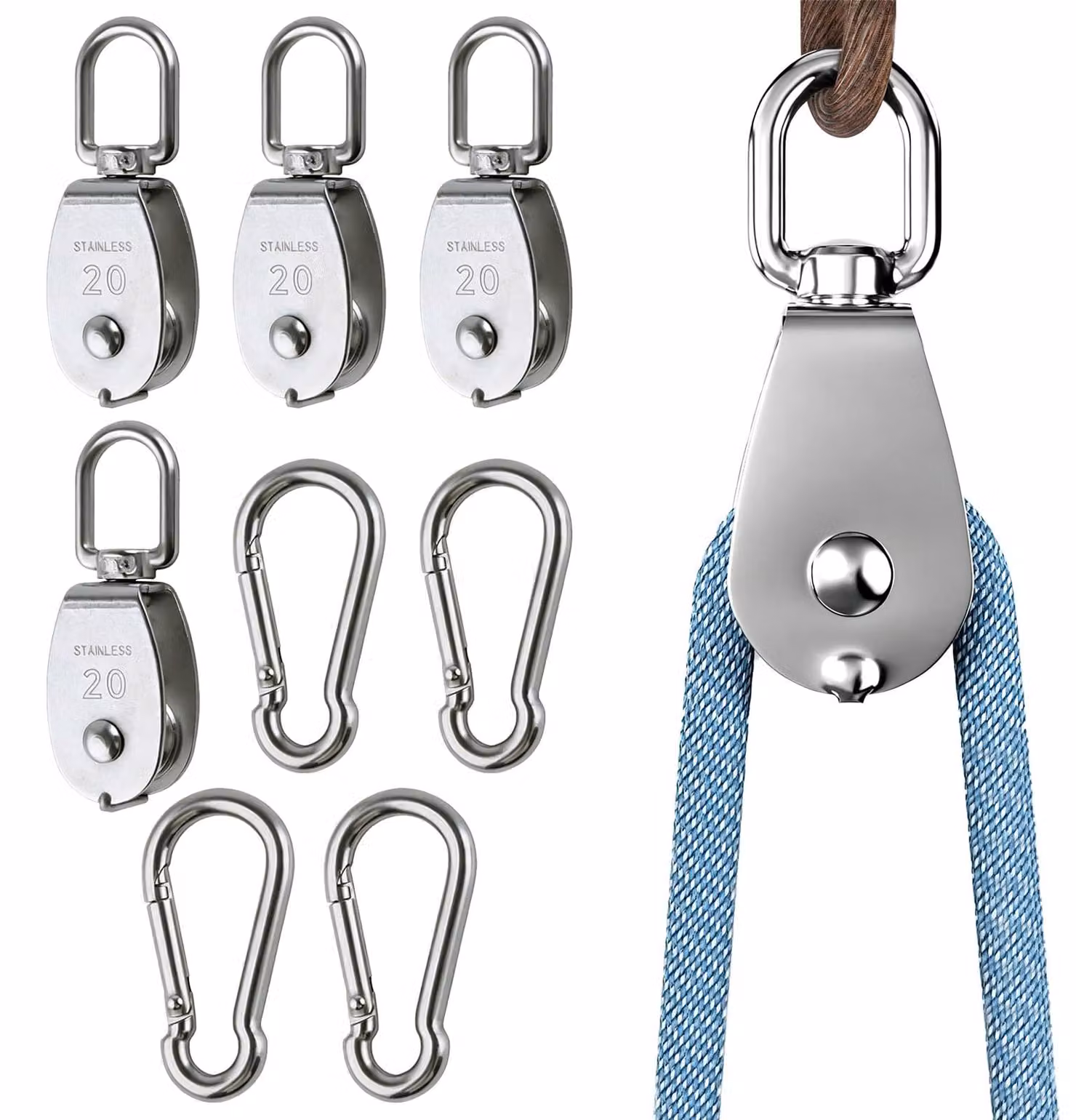 Set di 4 carrucole in acciaio inossidabile con gancio a moschettone, rotazione a 360°, capacità di carico: 75 kg