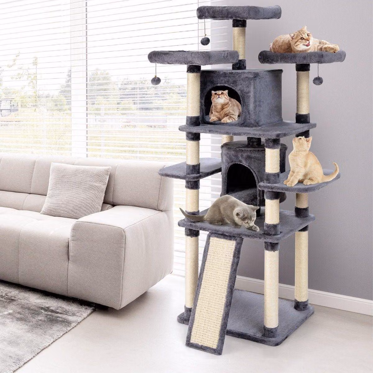 Tiragraffi da 170 cm, albero da arrampicata, tiragraffi, tiragraffi per gatti, mobili tiragraffi, tiragraffi, grotta con palline da gioco