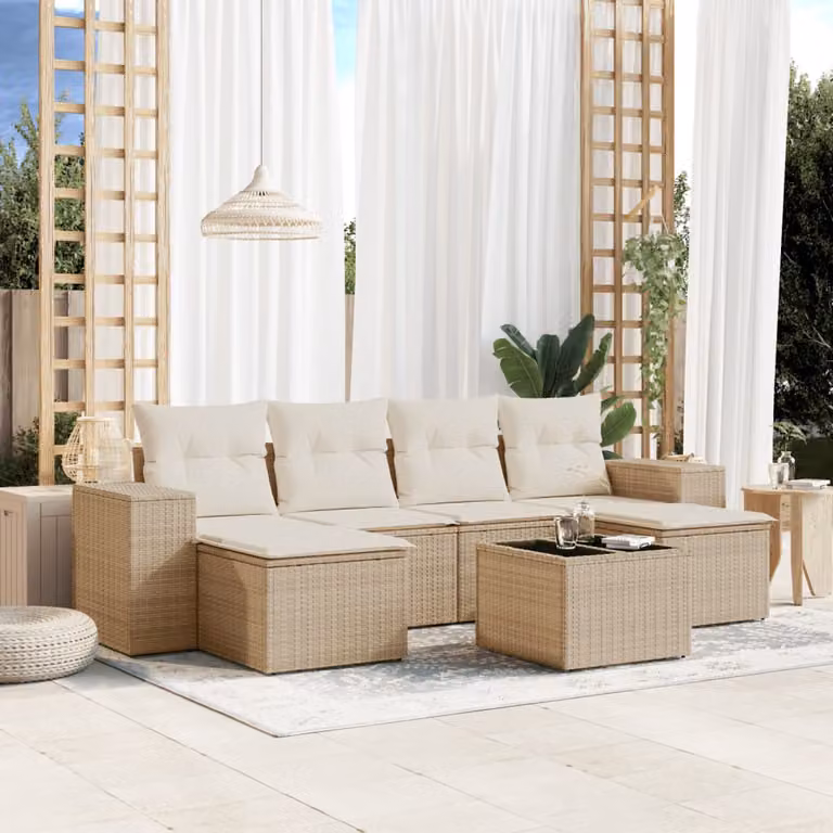 Set Divani da Giardino vidaXL 7 pz a Forma a L con Cuscini Beige in Polyrattan e Tavolino da Caffè