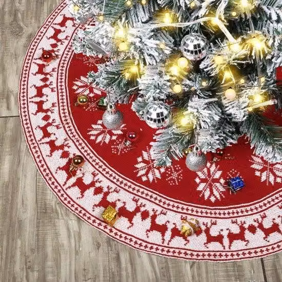 Copertura in ecopelle effetto lana rossa per albero di Natale, decorata con fiocchi di neve e renne, ideale come decorazione festiva e protezione per l'albero (90 cm)