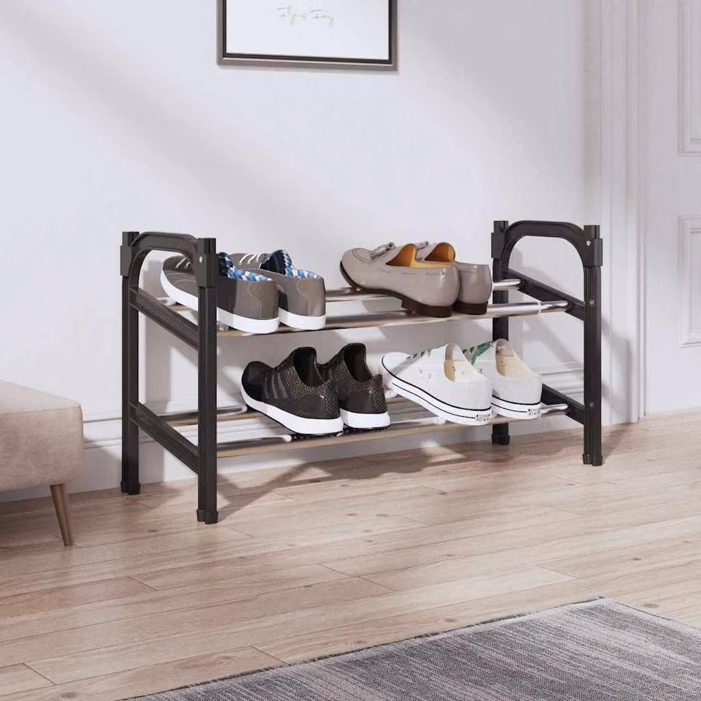 Scarpiera estensibile vidaXL con 2 ripiani in metallo e plastica, nero e argento, L: 119 cm, P: 24 cm, H: 37 cm