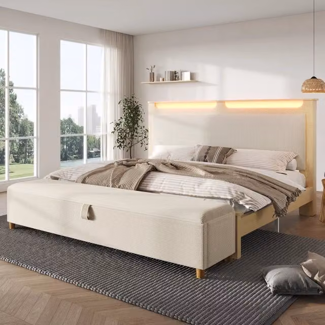 letto in legno e corduroy beige 160 x 200 cm