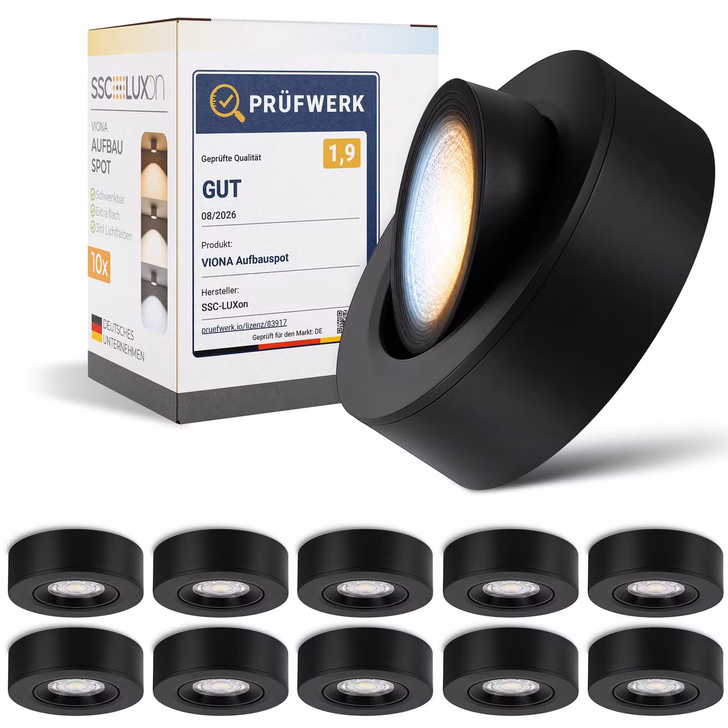 set di 10 faretti da superficie SSC-LUXon VIONA LED nero piatto orientabile - faretto da superficie bianco caldo, bianco neutro, bianco luce diurna