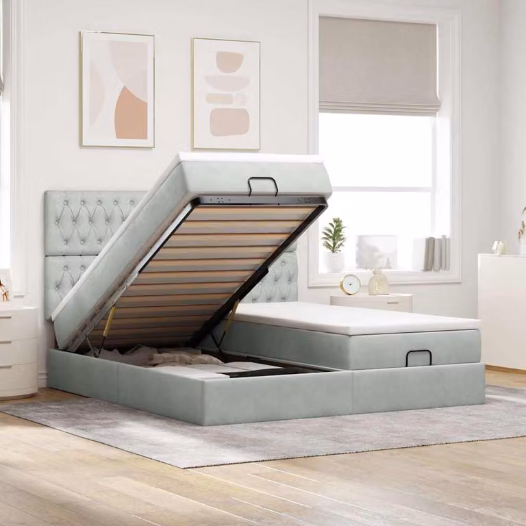 Letto con contenitore e materasso vidaXL in velluto con base a sollevamento, illuminazione sottostante e porte USB, L/P/H: 180 x 200 x 128 cm