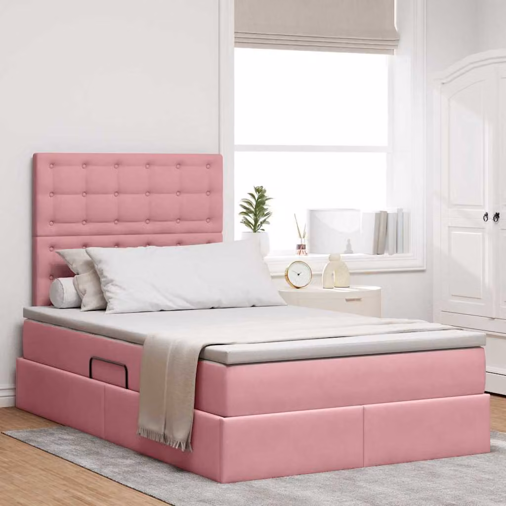 Letto con contenitore vidaXL in velluto rosa con illuminazione LED e porta USB, L/P/H: 200 x 120 x 128 cm